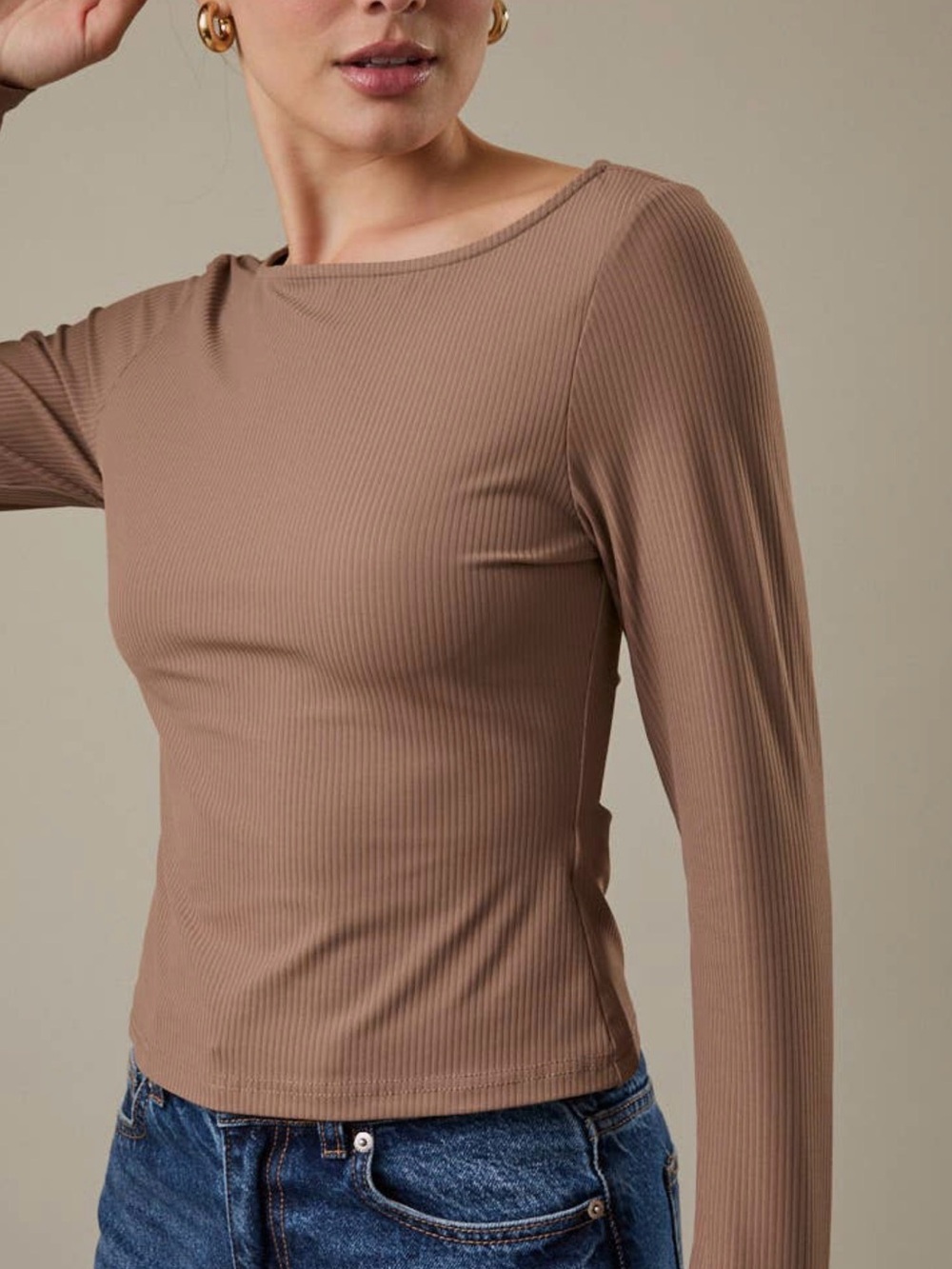 Ribbed Long-Sleeve Crew Neck Top - Taupe